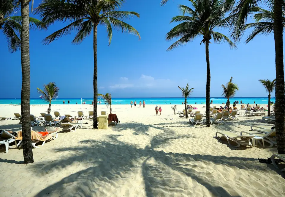 Playa con palmeras y camastros en Playa del Carmen, México
